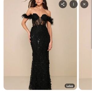 Lulus Black Off-Shoulder Gown with Feather Details